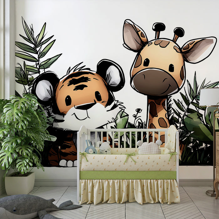 Barnrumstapet | Rolig tiger och giraff mitt i djungeln