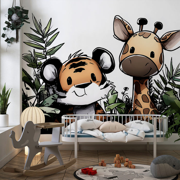 Barnrumstapet | Rolig tiger och giraff mitt i djungeln