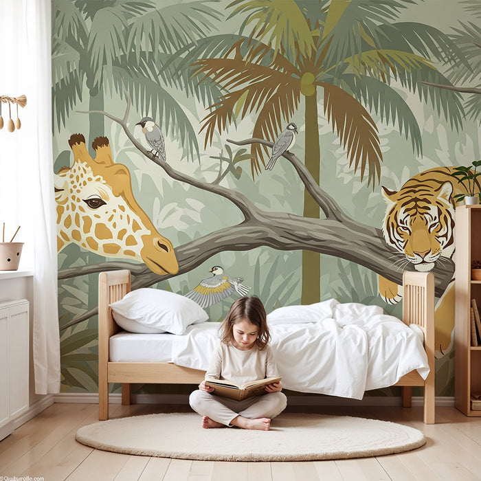 Kinderkamer behang | Tijger en giraffe in weelderige jungle