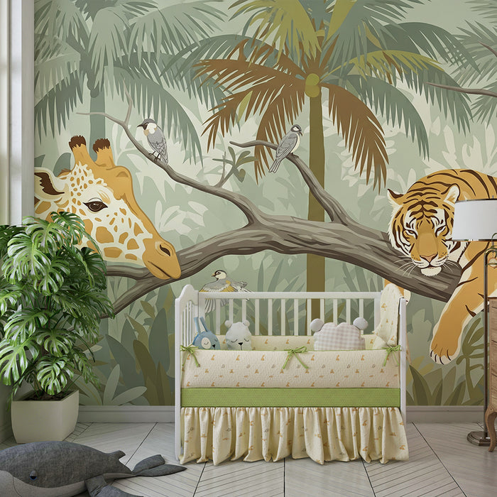 Kinderkamer behang | Tijger en giraffe in weelderige jungle