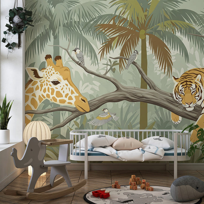 Kinderkamer behang | Tijger en giraffe in weelderige jungle