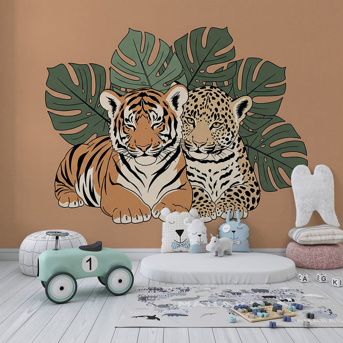 Tapeta do pokoje dítěte | Tygr a leopard obklopení tropickým listím