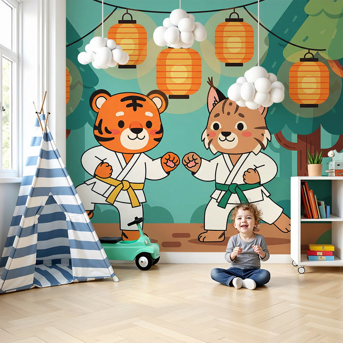Børneværelses tapet | Tiger og los i karate under lanterner