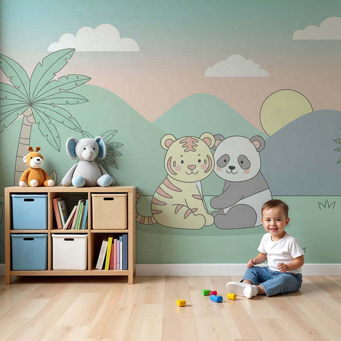 Detská izba tapeta | Tiger a panda v upokojujúcej tropickej krajine