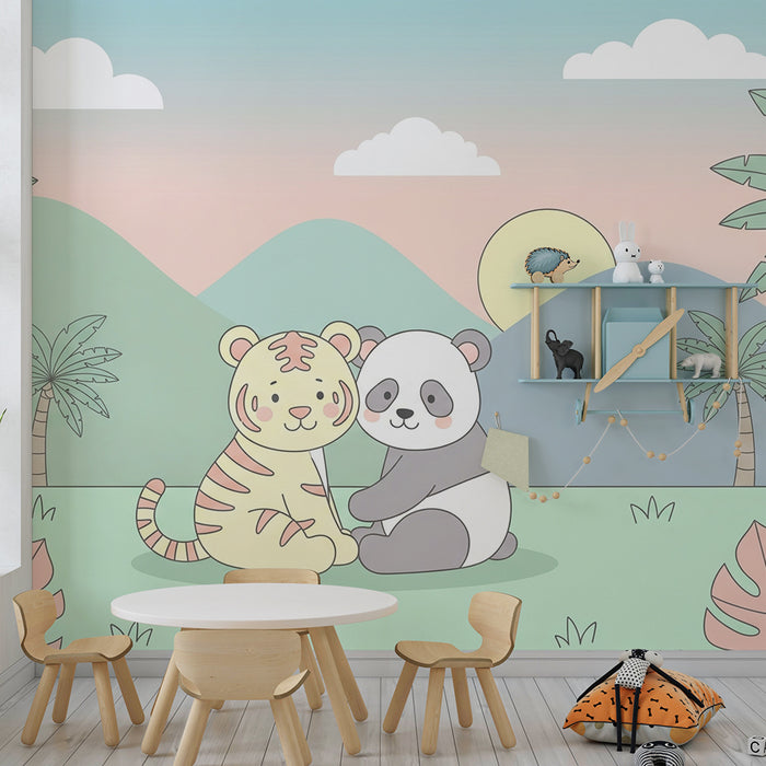 Detská izba tapeta | Tiger a panda v upokojujúcej tropickej krajine