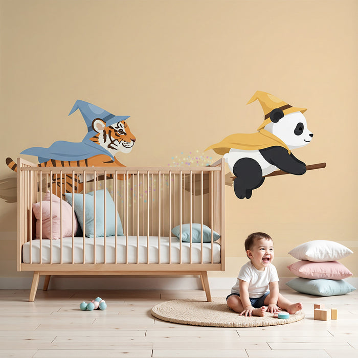 Detská izba tapeta | Čarodejnícky tiger a panda na kúzelnom metle