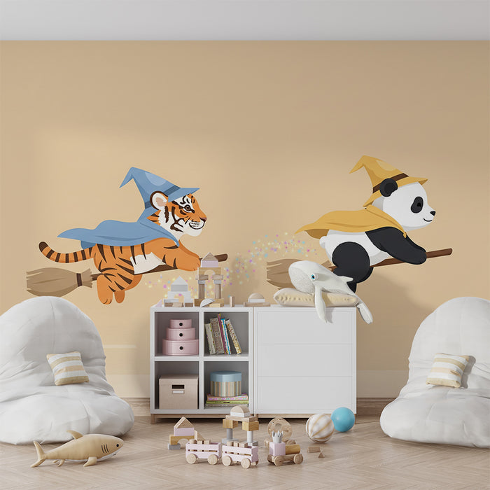 Detská izba tapeta | Čarodejnícky tiger a panda na kúzelnom metle