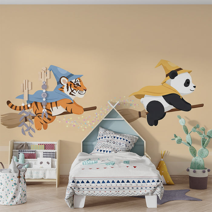 Detská izba tapeta | Čarodejnícky tiger a panda na kúzelnom metle