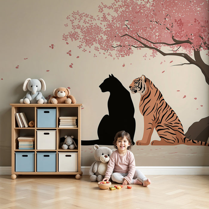 Børneværelse tapet | Tiger og panter under et blomstrende kirsebærtræ
