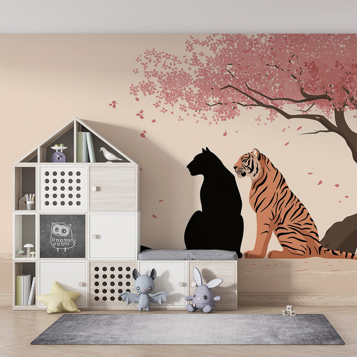 Børneværelse tapet | Tiger og panter under et blomstrende kirsebærtræ