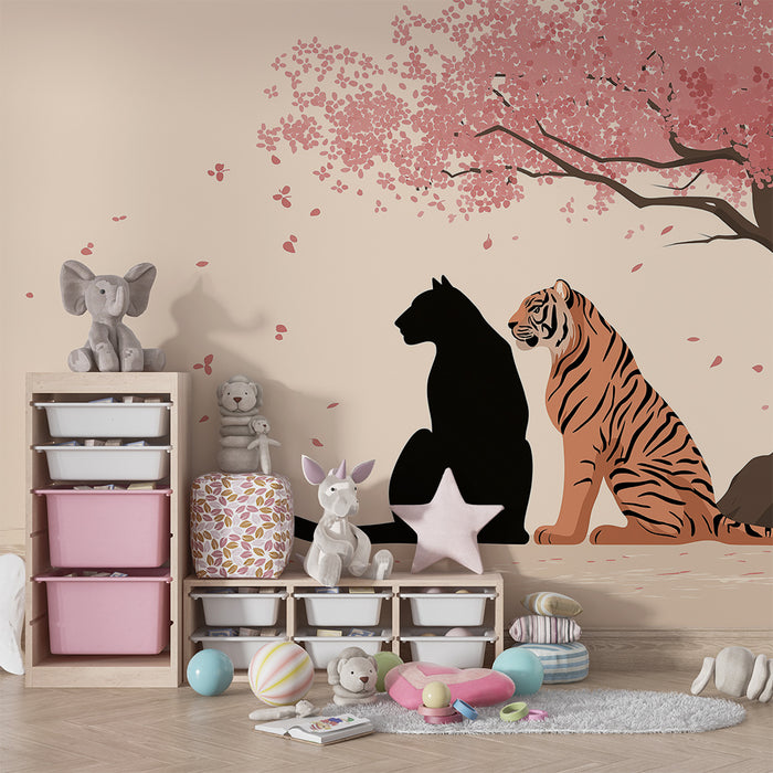 Børneværelse tapet | Tiger og panter under et blomstrende kirsebærtræ
