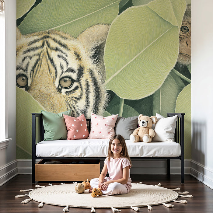 Dječja soba tapeta | Tigar i majmun skriveni u zelenoj džungli