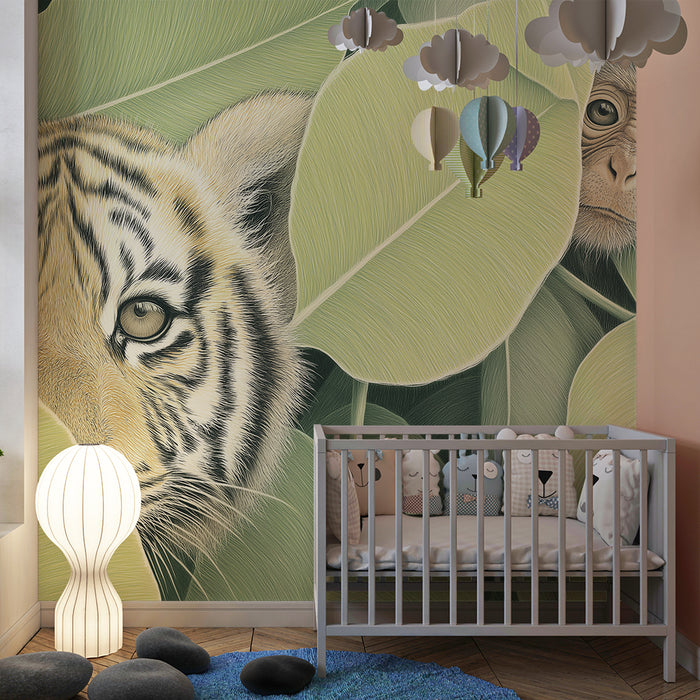 Dječja soba tapeta | Tigar i majmun skriveni u zelenoj džungli
