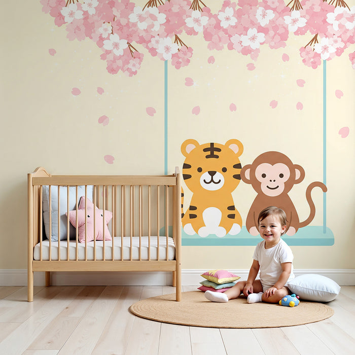 Kids room wallpaper | Tiger and monkey on a swing under cherry blossom trees