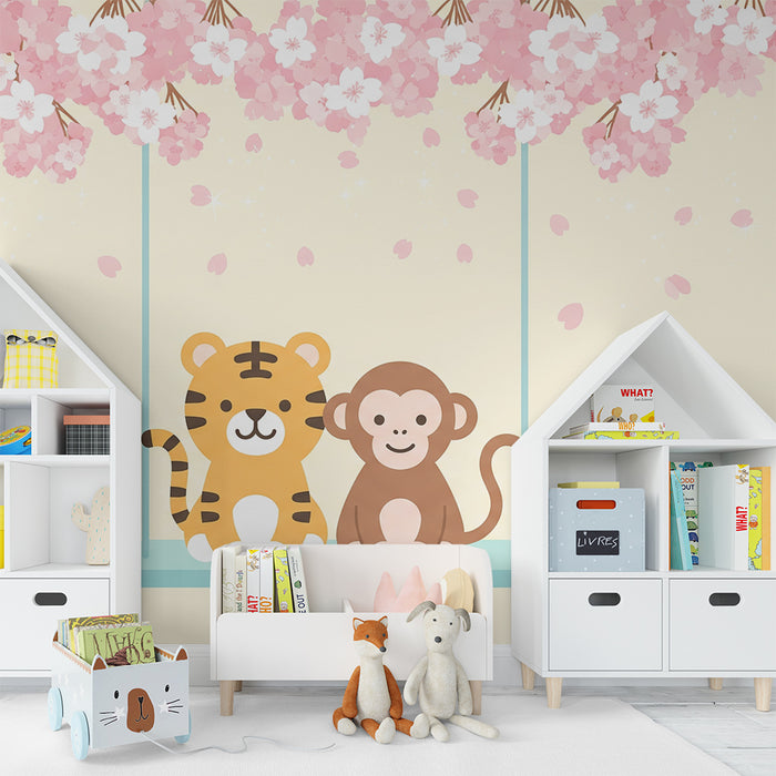 Kids room wallpaper | Tiger and monkey on a swing under cherry blossom trees