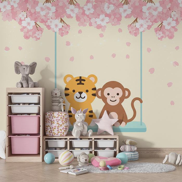 Kids room wallpaper | Tiger and monkey on a swing under cherry blossom trees