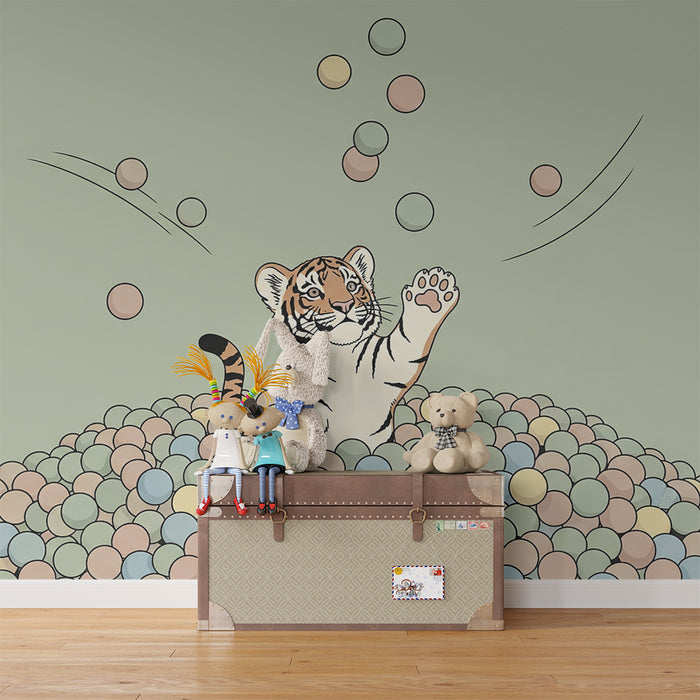 Kinderzimmer Tapete | Tiger Spieler inmitten bunter Bälle