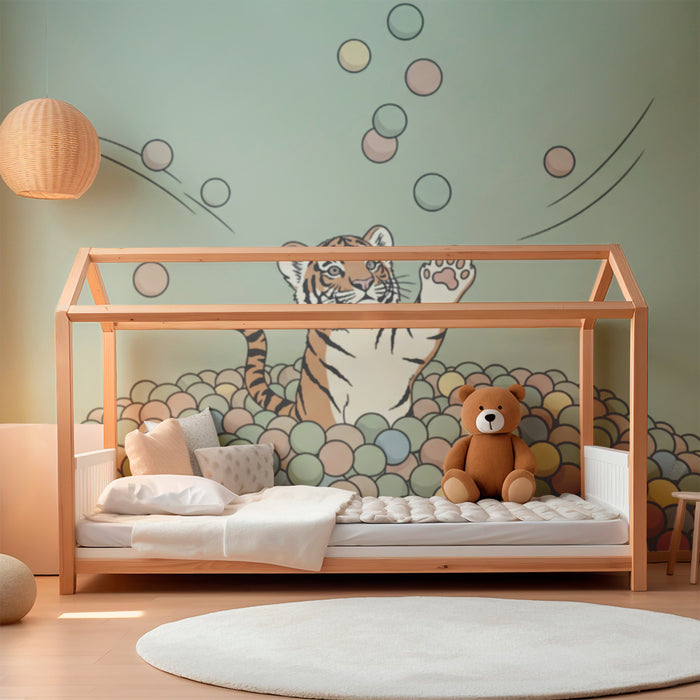 Kinderzimmer Tapete | Tiger Spieler inmitten bunter Bälle