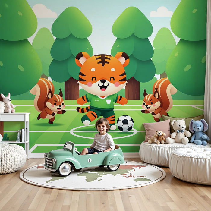 Papel de parede para quarto de criança | Tigre futebolista com esquilos numa floresta verdejante