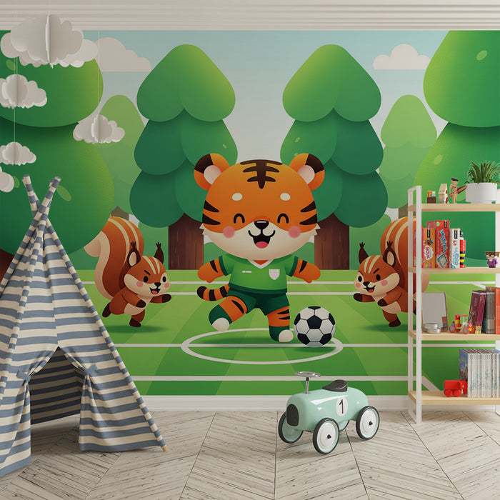 Papel de parede para quarto de criança | Tigre futebolista com esquilos numa floresta verdejante