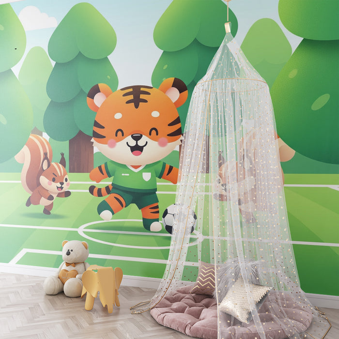 Papel de parede para quarto de criança | Tigre futebolista com esquilos numa floresta verdejante