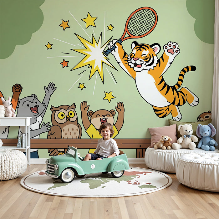 Papel de parede para quarto de criança | Tigre a jogar ténis com amigos animais