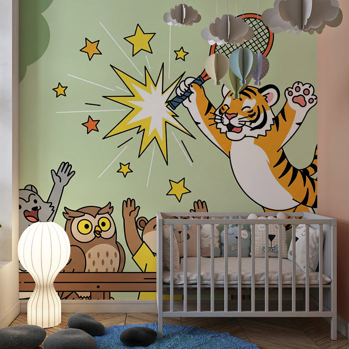 Papel de parede para quarto de criança | Tigre a jogar ténis com amigos animais