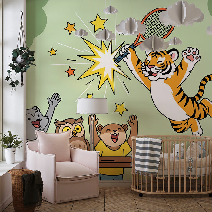 Papel de parede para quarto de criança | Tigre a jogar ténis com amigos animais
