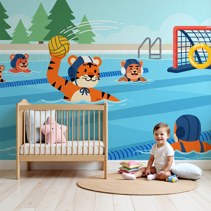 Kinderzimmer-Tapete | Wasserball spielender Tiger im lebhaften Schwimmbad