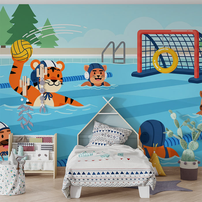 Kinderzimmer-Tapete | Wasserball spielender Tiger im lebhaften Schwimmbad