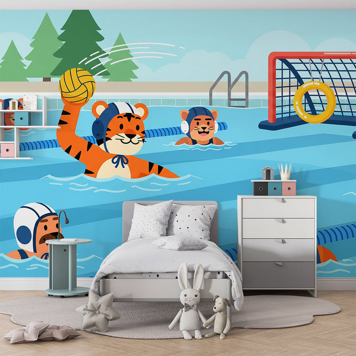 Kinderzimmer-Tapete | Wasserball spielender Tiger im lebhaften Schwimmbad