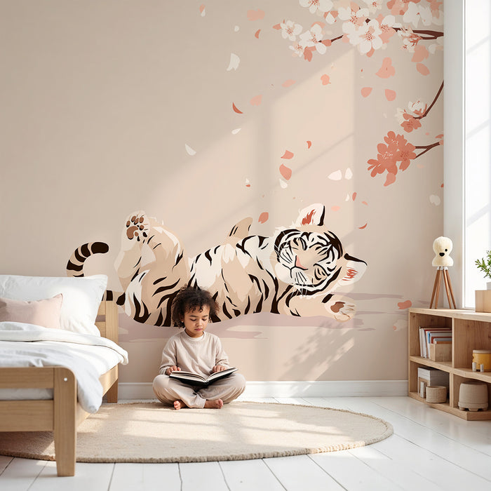 Kinderzimmer Tapete | Tiger spielt unter Kirschblüten