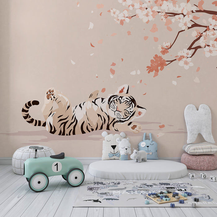 Kinderzimmer Tapete | Tiger spielt unter Kirschblüten