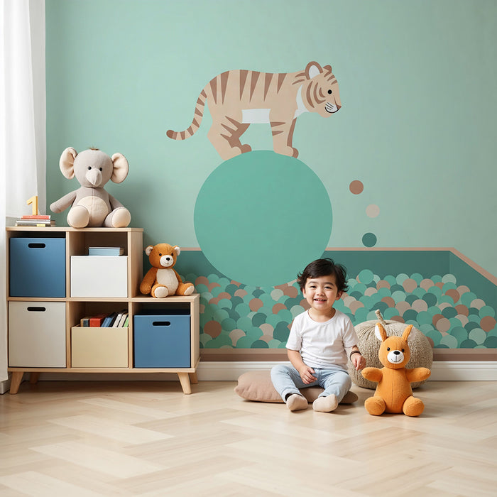Kids room wallpaper | Tiger playing on a ball in a playful atmosphere