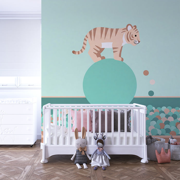Kids room wallpaper | Tiger playing on a ball in a playful atmosphere