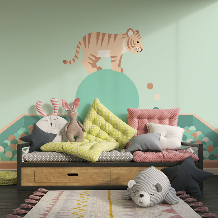 Kids room wallpaper | Tiger playing on a ball in a playful atmosphere