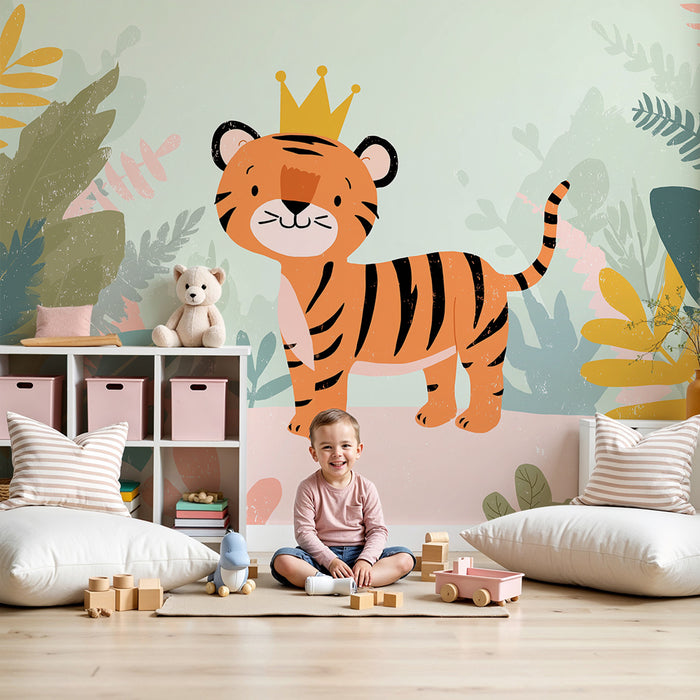 Børneværelse tapet | Glade tiger med krone i en farverig jungle