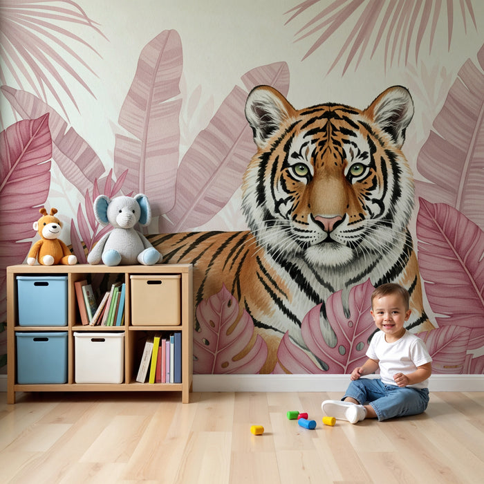 Kinderkamer behang | Majestueuze tijger in de bloemrijke jungle