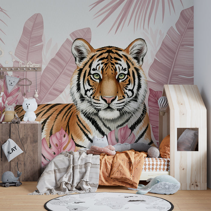 Kinderkamer behang | Majestueuze tijger in de bloemrijke jungle