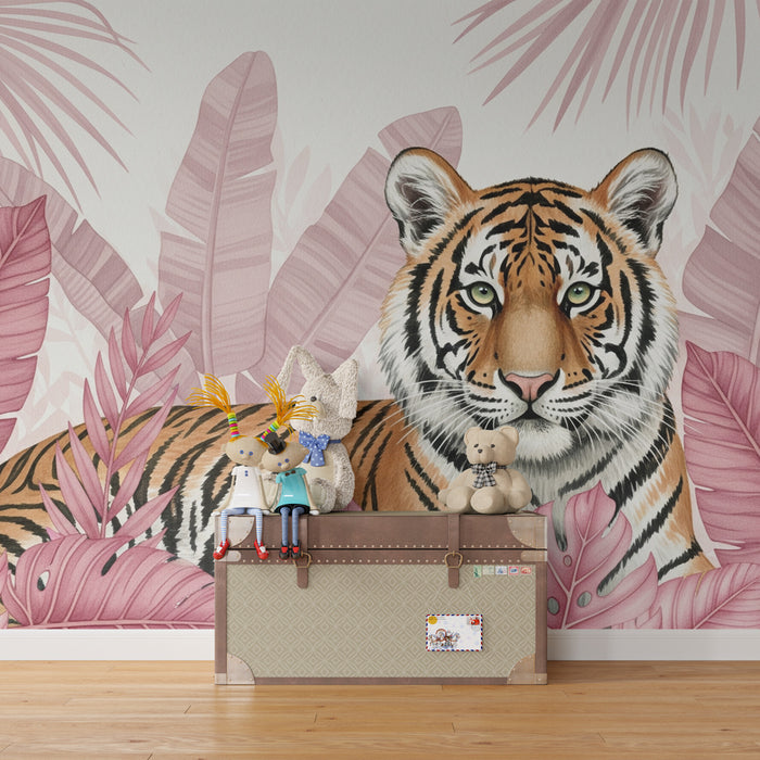 Kinderkamer behang | Majestueuze tijger in de bloemrijke jungle