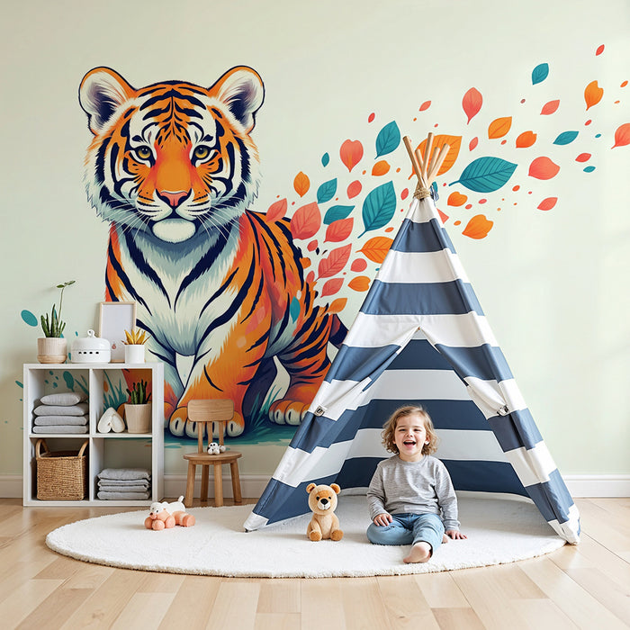 Kids' Room Wallpaper | Majestic Tiger Surrounded by Colorful Leaves