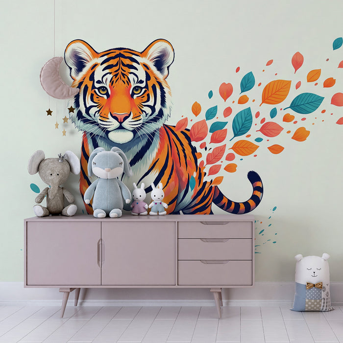 Kids' Room Wallpaper | Majestic Tiger Surrounded by Colorful Leaves