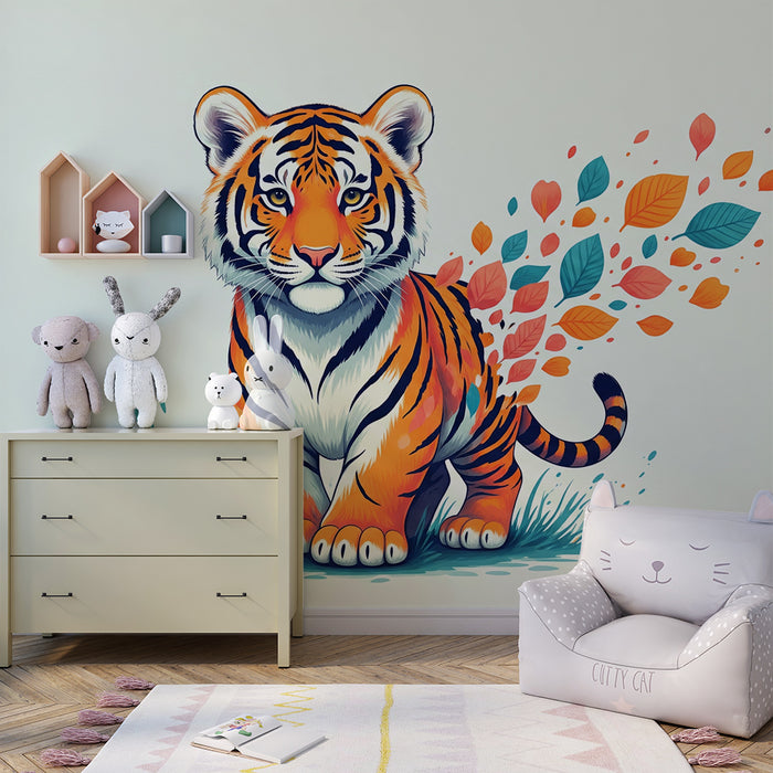 Kids' Room Wallpaper | Majestic Tiger Surrounded by Colorful Leaves