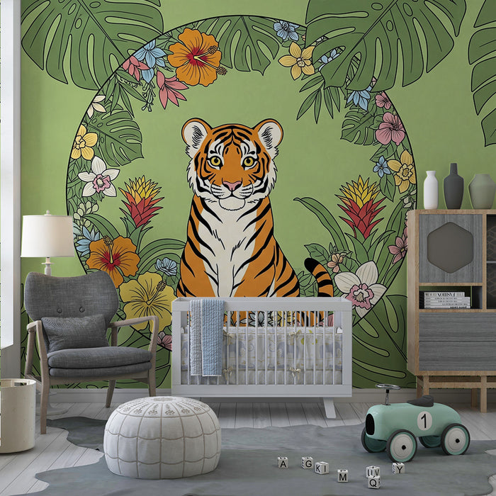 Barntapet | Majestätisk tiger omgiven av tropiska blommor