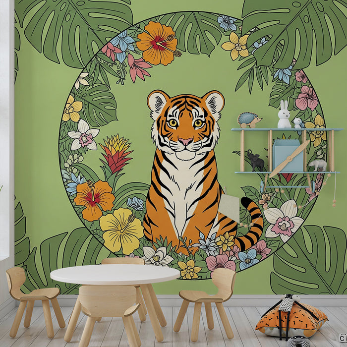 Barntapet | Majestätisk tiger omgiven av tropiska blommor