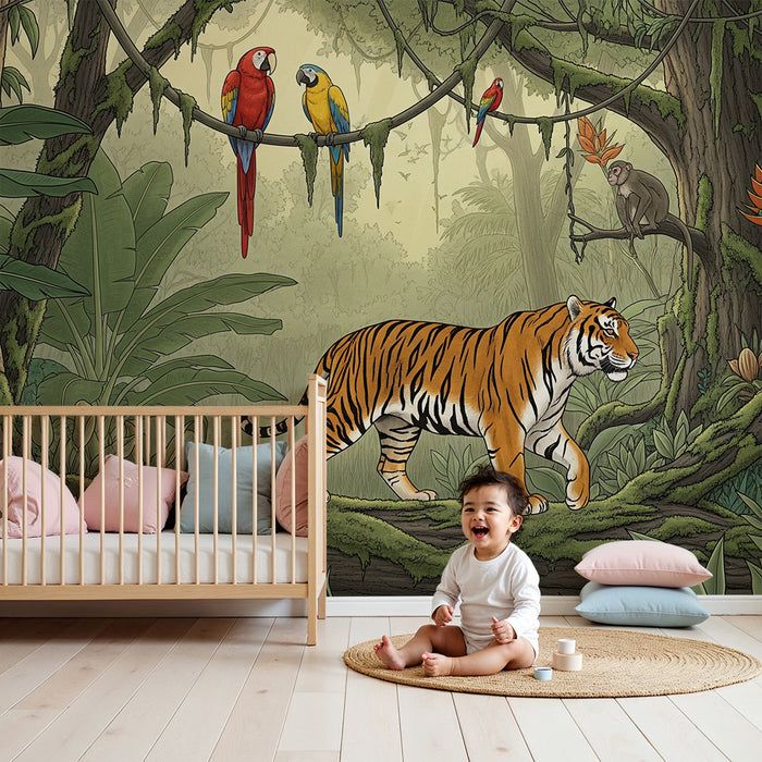 Gyermekszoba tapéta | Fenséges tigris és trópusi dzsungel színes papagájokkal