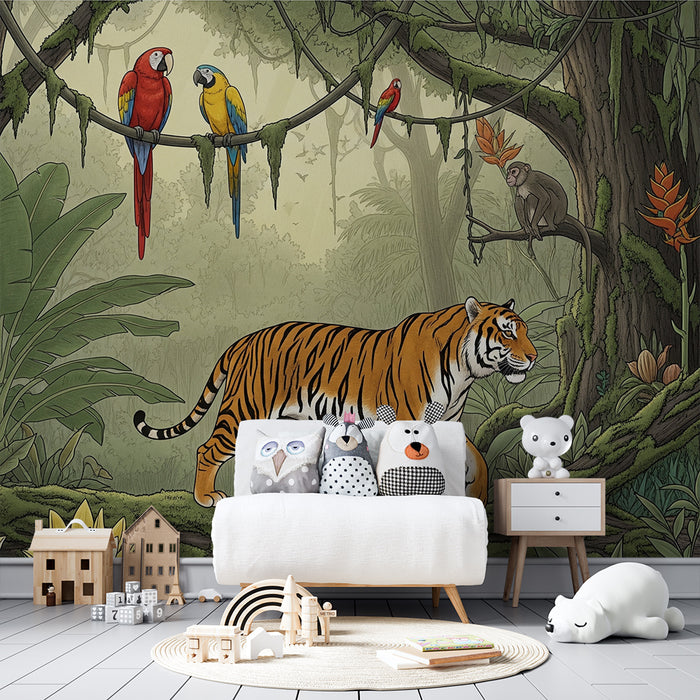 Gyermekszoba tapéta | Fenséges tigris és trópusi dzsungel színes papagájokkal
