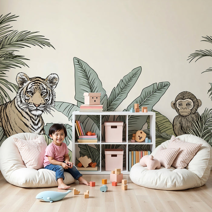Kinderkamer behang | Majestueuze tijger en nieuwsgierige aap in weelderige jungle