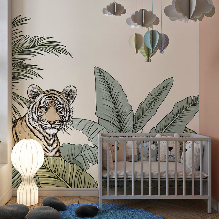 Kinderkamer behang | Majestueuze tijger en nieuwsgierige aap in weelderige jungle