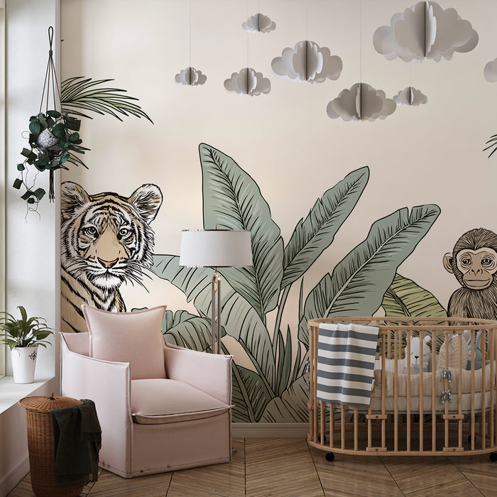 Kinderkamer behang | Majestueuze tijger en nieuwsgierige aap in weelderige jungle